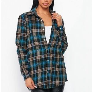 NEW FALL TRENDY BLUE GREEN MULTI PLAID FLANNEL LONG SLEEVE BUTTON DOWN SHIRT
